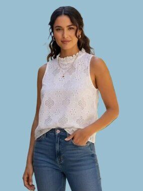 New J. Crew White Fleur Ruffle Neck Eyelet Sleeveless Top, Small, BR583